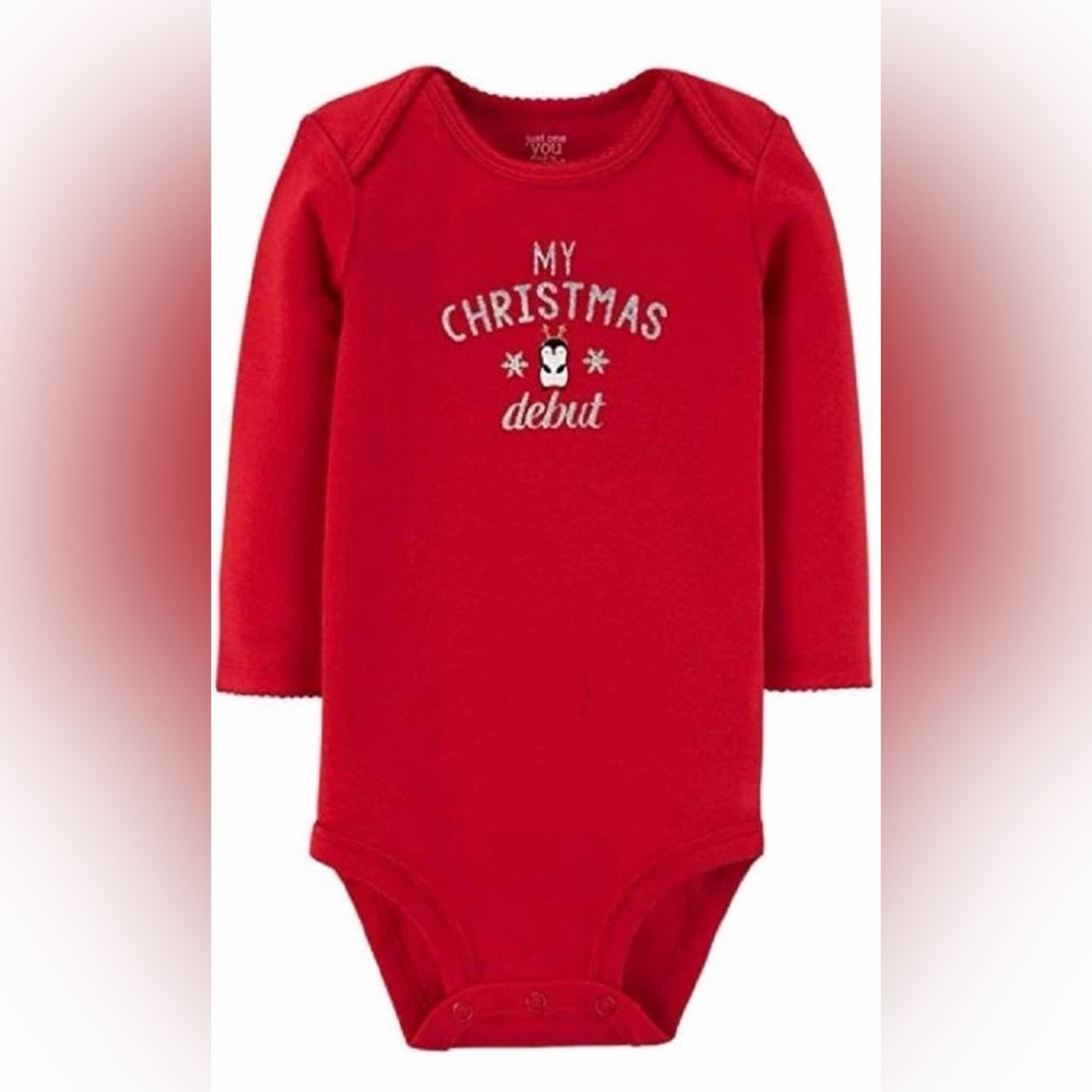 NEW Carters 6 M Long Sleeve My Christmas Debut Red 1st Holiday Bodysuit Penguin